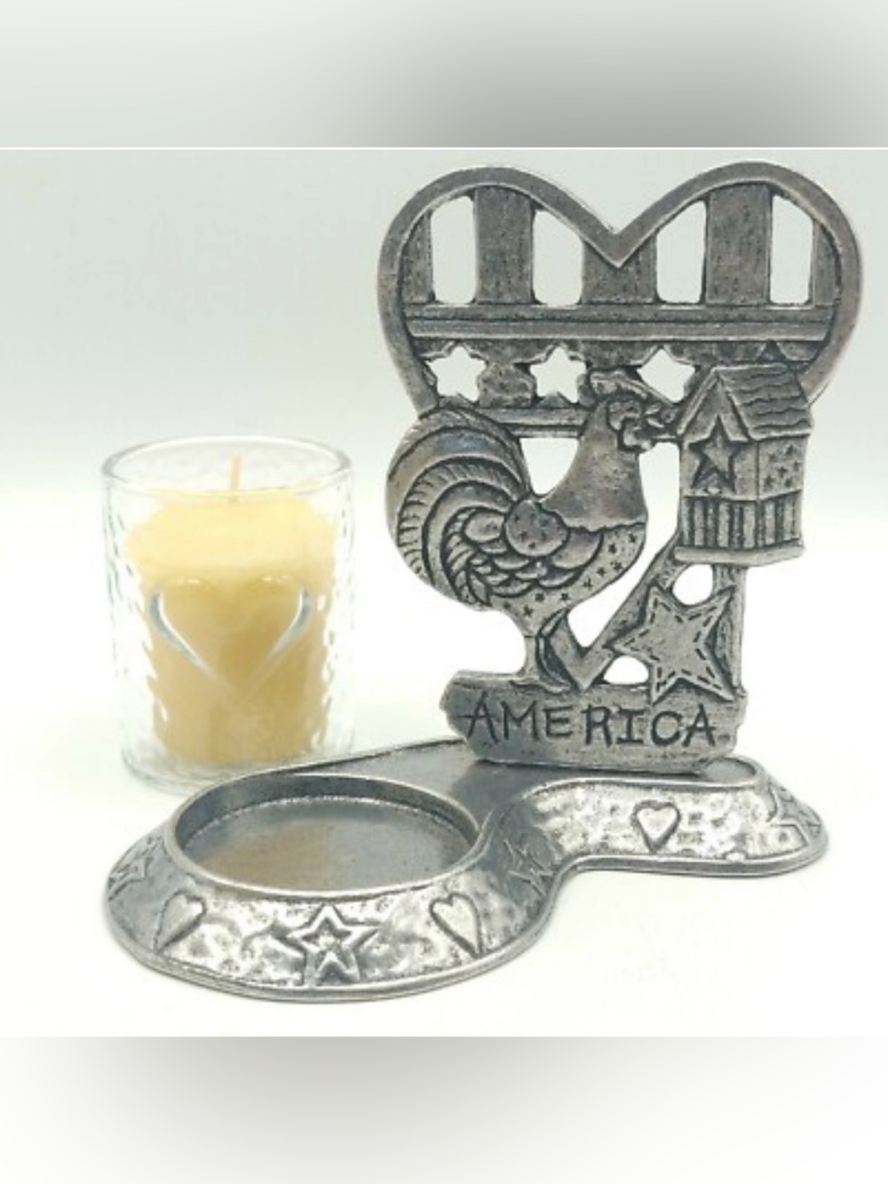 Vintage Patriotic Rooster Tealight Candle Holder - Silver Finish. 5 Inches Tall